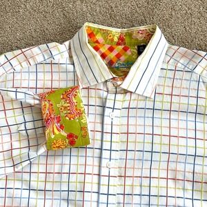 Robert Graham 2XL Button Down Shirt Multicolor Grid Check Flip Cuff Floral Trim